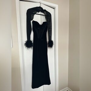 House of CB Black Velvet Corset Long Sleeve Maxi Dress with Feather Shrug